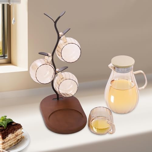 ROMYIX Carafe à eau avec 4 tasses et 1 support de plateau, grande carafe en verre de 1,5 l avec couvercle, élégante couleur ambre, pour réfrigérateur, thé glacé, jus, café chaud/froid, bambou D