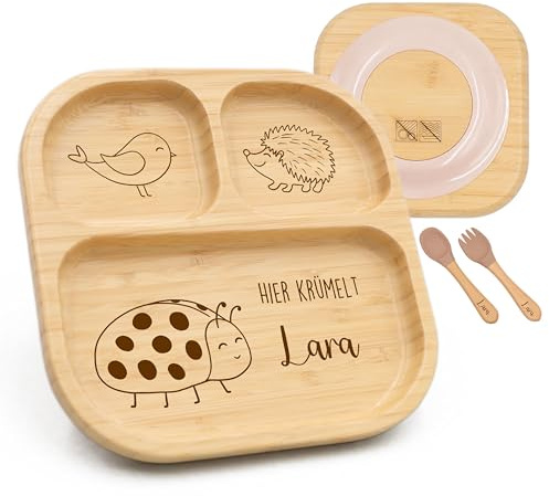 Kidsmood - Kinderteller mit Saugnapf inkl. Baby Besteck mit Namen – Teller für Kleinkinder, rutschfest – Beikost Baby Zubehör, personalisierte Geschenke zur Geburt, Taufgeschenke Jungen & Mädchen