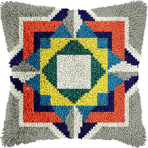 FFDONGTEGO Kit cuscino con gancio di chiusura,Motivi di piastrelle colorate,Cuscino fatto a mano Kit di chiusura con ricamo in filato all'uncinetto Federa,43x43cm