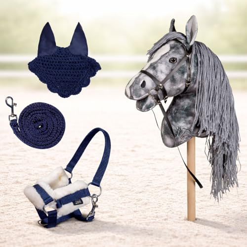 HKM Kids Hobby Horse Clara grau marmoriert + Halfter & Führstrick in Blau – Steckenpferd| Holly & Claire - Set für Kinder – Austauschbares Halfter, Hochwertige Verarbeitung