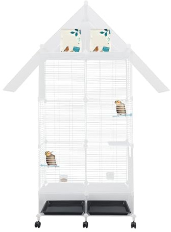 Jaula grande para pájaros con 6 ruedas de freno, jaula para pájaros con techo, espaciosa jaula para periquitos, canarios, cacatúas, incluye accesorios, 74 x 37 x 163 cm, color blanco
