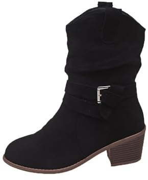 Slouchy Chunky Heel Mid Polpaccio Stivali per le donne, Suede Cowboy Comfort Booties Western Pull On Dress Booties Low Heel, Nero , 40.5 EU