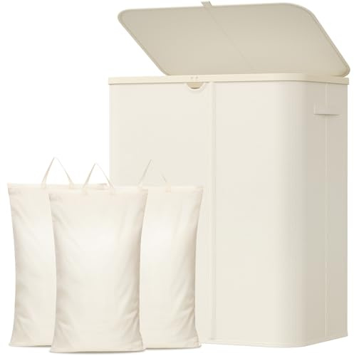 Lifewit 185L Wäschekorb mit Deckel und 3 Fächern, Weiß | Großer faltbarer Wäschesortierer mit 3 Wäschesäcken und Tragegriffen für Schlafzimmer, Bad und Waschküche