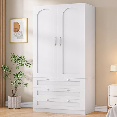 Hzuaneri Kleiderschrank 180 cm, Kleiderschrank mit 2 Türen und 3 Schubladen, Drehtürenschrank mit 2 Ablagefächern und Kleiderstange，Geeignet für Schlafzimmer, Weiß, BW08803E