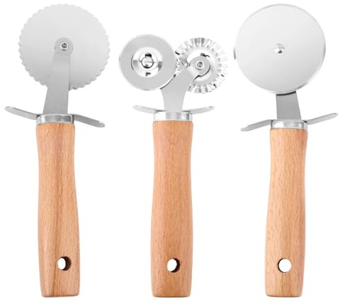 3pcs Double Wheel Pastry Cutter, Professional Pizza Cutter with Wood Handle Stainless Steel Kitchen Baking Tool for Spaghetti Pizza Pasta Dumpling Ravioli Biscuit