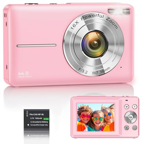 Digital Camera 1080P 44MP Vlogging Camera for Kids Teens, FHD Compact Portable Photo Camera with 2.4 Screen 16X Zoom, Anti-shake Mini Camera for Beginners Students Boys Girls-Pink（No SD Card)