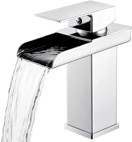 Hapilife Basin Mixer Tap Square - Waterfall Taps for Bathroom Sink Chrome Single Lever Basin Tap, Modern Monobloc Bathroom Sink Taps with Drip-Free Ceramic Cartridge and Rust-Resistant Finish