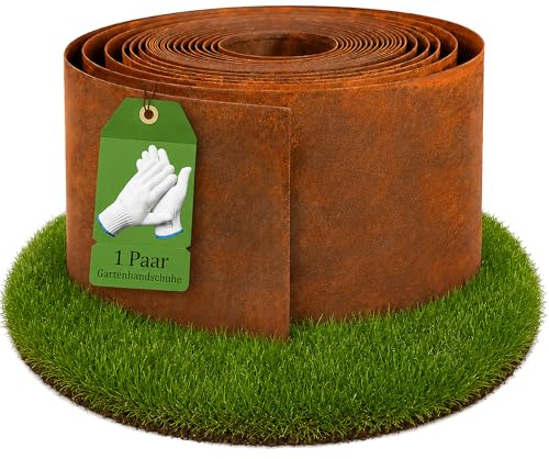 10mx15cmRasenkante aus Cortenstahl,Beeteinfassung aus Metall,Beetumrandung mit Rost für DIY-Rasen,für Garten, Beet, Rasen und Wege inkl.1 Paar Montagehandschuhe inklusive