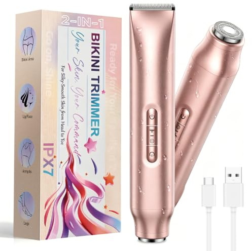 Lady Shavers for Women, 2-in-1 Painless Bikini Trimmer Women & Facial Hair Remover, Wet/Dry Rechargeable Electric Razor with Battery Indicator, Portable for Face, Underarm, Legs & Pubic Hair