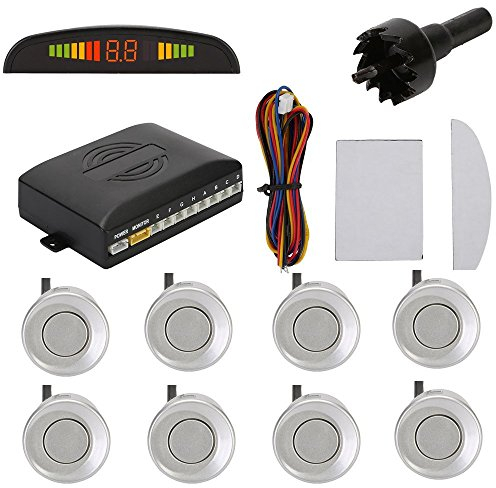 Tkoofn KFZ Summer Einparkhilfe Rückfahrhilfe 8 hinten Sensoren Hinter mit LED Farb Display Auto Parken Sensor System Pieper Radar Kit Hinter - Silber