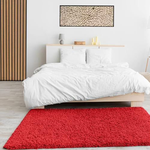 VIMODA Prime Shaggy Hochflor Langflor Teppich Einfarbig Modern Rot Hochflor für Wohnzimmer, Schlafzimmer, Maße:80x150 cm