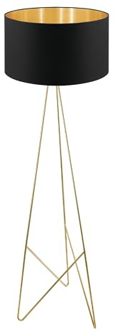 EGLO Stativ Stehlampe Camporale, Lampe Wohnzimmer mit Textil-Schirm | Standleuchte aus Metall und Stoff in schwarz und Messing, Design Stehleuchte mit Schalter, E27 Fassung