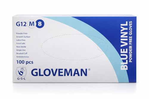 GLOVEMAN Blue Vinyl Gloves, Powder & Latex Free, 100 Gloves Per Box - Size MEDIUM - Food Safe - New