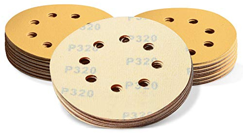 SPEEDWOX 50 Pcs 5 Inches 8 Hole Sanding Discs 320 Grit Dustless Hook and Loop Sandpaper for Random Orbital Sander Yellow Finishing Discs for Automotive Woodworking