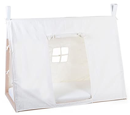 CHILDHOME; Toile/Tente de Lit Tipi Cabane pour Enfant; Accroche Rubans sur le Tipi; Petite fenêtre; 100 pourcent Coton; Lit Simple; 70 x 140 cm; Couleur Blanc