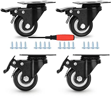 50 mm Caster Wheels Set of 4 Heavy Duty Casters with Brake No Noise Locking Swivel Plate Castors Non Marking Black Castor Wheels for Cart Furniture Workbench