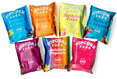 Popcorn Shed Celebration Selection Pack (7 Different Flavours) - Gourmet Popcorn Variety Pack, Sweet Popcorn Flavours, Easy & Low Calorie Snack, Perfect for Parties, Movie Nights & Gifting