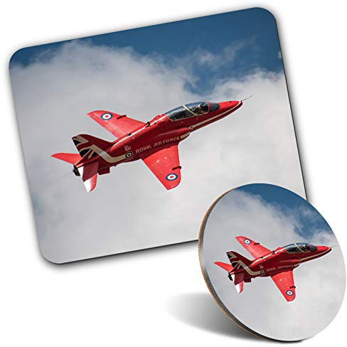 Rectangle Mouse Mat & Round Coaster Set - Red Arrows Plane RAF 20 cm & 9 cm for Computer & Laptop, Office, Gift, Non-slip Base #14551