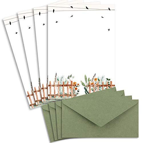 25 Briefbogen-Sets DIN A4 - Naturpapier in Creme mit Blumengarten - mit Briefumschlägen DIN Lang in Kraftpapier Grün Briefpapier bedruckbar ideal für Hochzeitseinladungen