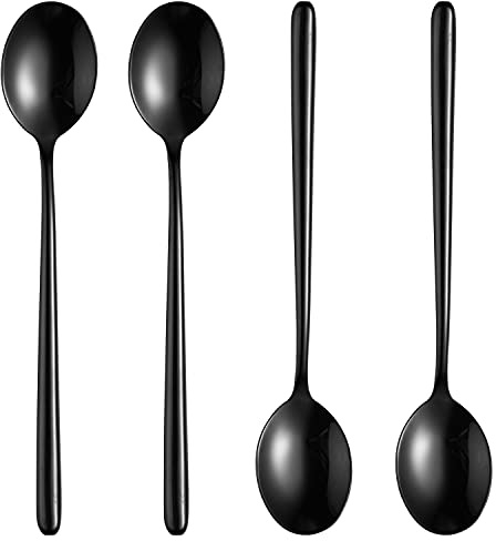 Steel Black Soup Spoon, Long Handled Great Circle Spoons,Korean Long Handle Soup Spoon,4 Pieces,8.7x1.6 Inches