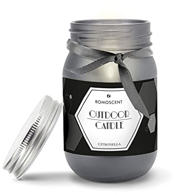 Römer Wellness Geschenkartikel: ROMOSCENT Aromakerze Outdoor in wiederverschließbarem Glas mit Deckel; Citronella Duft für ruhige Sommernächte; Maße: ca. 7.5 x 7.5 x 12 cm