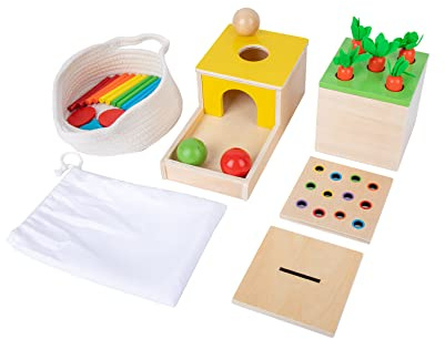 Adena Montessori Spielzeug für 1+ Jahre alte Spiel-Kit-Box enthält Karotte Ernte Spiele, Münze Box, Feinmotorik Spielzeug und Objekt Permanence Box, Montessori Spielzeug für Babys 6-12 Monate (4-in-1)