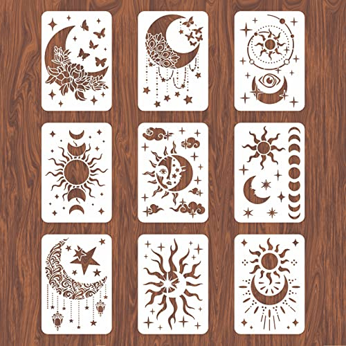 INFUNLY 9 Piezas/Juego Plantillas de Pared para Pintar Reutilizables Estrella Luna Plantilla de Azulejos de 12x 8 in Plantillas de Suelo de hormigón para Pintar Patio Pared Cemento baño Suelo