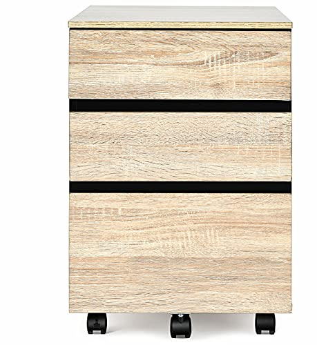 GIANTEX Rollcontainer auf Rollen, Aktenschrank 3 Schubladen, Büroschrank Dokumente Schrank rollbar mit Bremsen, Bürocontainer Aufbewahrungsschrank mit Anti-Kipp-Design, Rollschrank Natur
