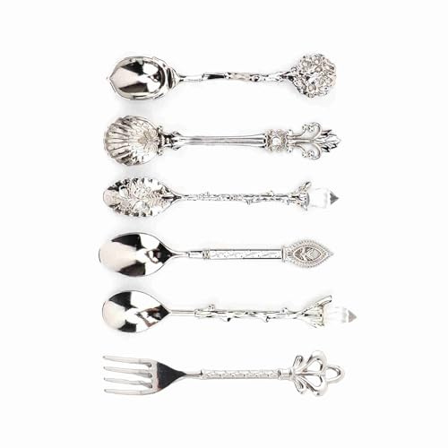 Cucchiaino da caffè Intagliato Vintage, 6 Pezzi/Set Cucchiaino da tè retrò in Lega di Zinco da Dessert Cucchiai da Tavola da caffè Posate da (Argento (Manico forchetta Corona))