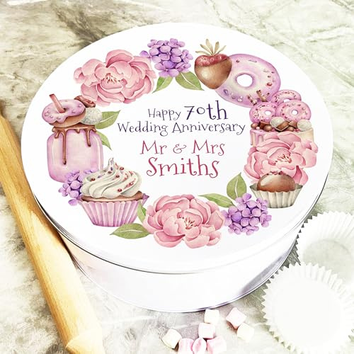 Round Treats Floral Wreath 70th Wedding Anniversary Personalised Cake Tin Personalised Gift | Custom Gift | Personalized Tin | Cake, Biscuit & Treat Tins | Gift For Her | Gift For Him