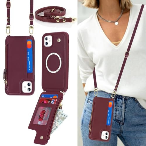 Zouzt for iPhone 11 6.1 Inch Wallet Case with Card Holder, PU Leather Flip Credit Slot Crossbody Lanyard Strap Adjustable Necklace Protective Phone Cover Women for iPhone 11 (Burgundy)