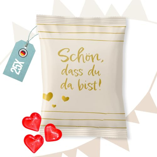 Logbuch-Verlag 25 Gastgeschenke Herzen Hochzeit Kommunion Firmung Schön dass du da bist mini Geschenke Gummibärchen beige 7 x 9 cm