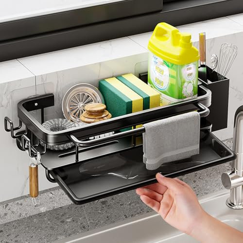 Koolkasa Küche Spülbecken Organizer Schwammhalter mit Abflusspfanne Küchen Spüle Organizer mit Spültuchhalter und Zwei Haken，Metalle Hängender Küchenorganizer Badezimmer - Ohne Bohren (Schwarz)