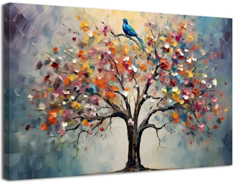 Framed Colourful Tree of Life Wall Art for Living Room Decor Vintage Floral Tree Painting Pictures 30x40 cm Abstract Blossom Flower Canvas Prints Minimalist Artwork for Bedroom Office Home Decoration