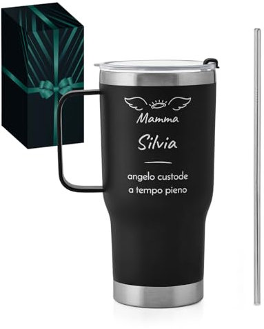 Maverton Tazza termica con manico 600 ml - Borraccia termica con cannuccia - Tazza personalizzata in acciaio inox - Bicchiere termico inciso nero - Idea regalo mamma - Idee regalo donna compleanno