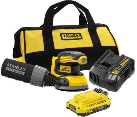 STANLEY FATMAX V20 Cordless Random Orbit Sander, SFMCW220D1S-GB | Includes 2.0Ah Li-Ion Battery, 2A Charger and Soft Bag, 18V