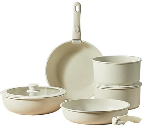 Set di pentole sicure, set di pentole antiaderenti, padelle con manico staccabile, pentole e padelle, set di pentole bianco crema, migliora la tua esperienza in cucina