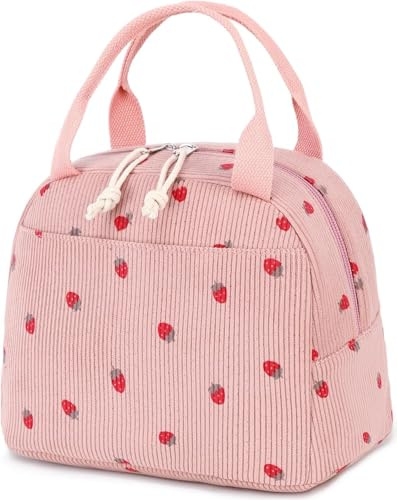 ZAKSTAR Lunch Bag for Kids and Women - Cute Corduroy Lunch Tote Bags - Reusable Insulated Lunch Box - Leakproof Girls Lunch Bag for School, Travel, Office (Corduroy Strawberry Pink)
