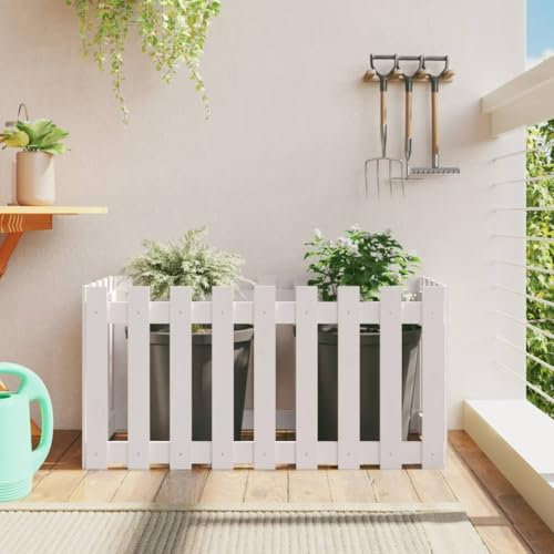 Somanki Hochbeet Lattenzaun-Design Weiß 100x50x50 cm Massivholz Kiefer, Palettenrahmen, Hochteich, Gemüsebeet, Kräuterregal Balkon, Blumenbeet, Kräuterspirale, Tomatenbeet, Pflanzhochbeet - 832478