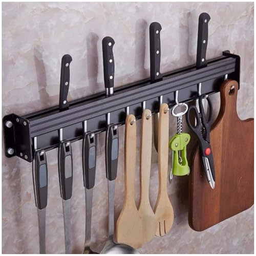 Étagère de cuisine en aluminium avec crochets mobiles et porte-couteaux - Support mural - Noir - 30 cm