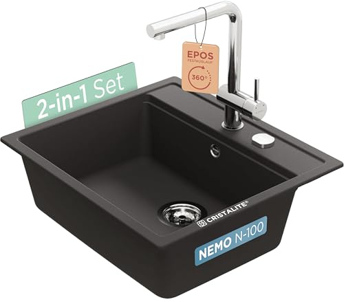 SCHOCK Ensemble évier noir Nemo N-100 Nero et robinet de cuisine Epos à bec fixe en acier inoxydable - Facile d'entretien, surface composite de quartz robuste