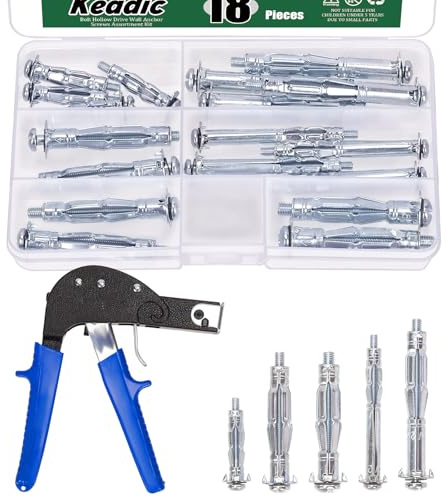 Keadic 19Pcs Molly Bolt Hollow Drive with Hollow Wall Anchor Setting Tool, 5 Sizes Hollow Wall Anchors Gun, Wall Anchor Screws Assortment Kit for Tile Drywall Plaster