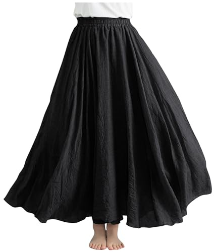 Maxirock für Damen, lässig, elastische Taille, A-Linie, fließend, schwingend, langer Rock, Damen, Baumwoll-Leinenrock, Sommer, Strandkleidung, Schwarz , Einheitsgröße