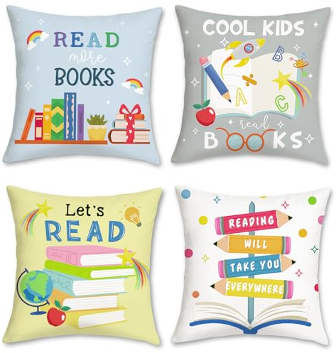 Bonhause Fundas Cojines Niños Libros 45 x 45 cm Funda de Almohada Lápices Coloridos Niños Escuela Decorativas para Sofá Cama Hogar Biblioteca Aula Rincón de Lectura Juego de 4