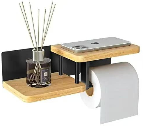 BTBHIHO Wooden Toilet Roll Holder with Shelf, Wall Mounted Wrought Iron Toilet Paper Holder, Drilled Toilet Roll Holder, Toilet Paper Holder for Kitchen and Bathroom, Black