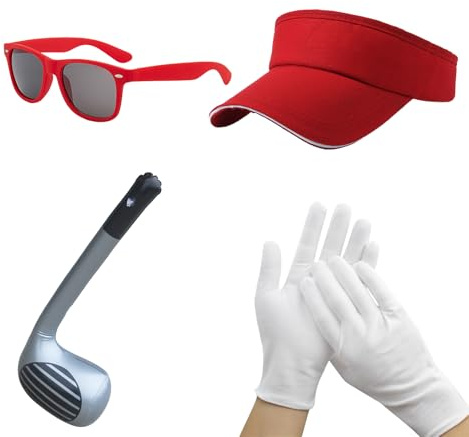 Bodeshis 4 Pieces Pub Golf Fancy Dress, inflatable golf club Red Golf Visor White Gloves Sunglasses, pub golf accessories, Fancy Dress Accessory for Halloween Adults Costumes Golf Cosplay Party