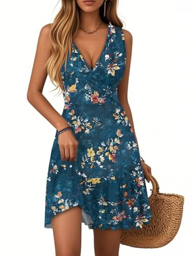 FUPODD Kleider Damen Sommer Sommerkleid Boho Volant-Kleid Musselin Minikleid Elegant Strandkleid Festlich Sommerkleider Leicht Und Luftig Strandkleider Elegante Skaterkleid Leinenkleid Festliche