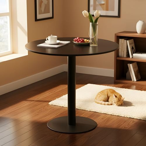 Mesa de comedor redonda pequeña de bistró, redonda, para cocina, bar, 80 cm, color negro