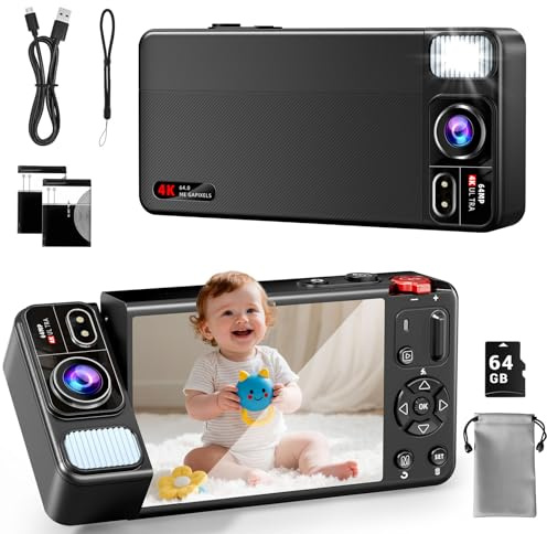 ZEOUPT Digital Camera, 4K 64MP Cameras for Photography, 270°Flip Screen Kids Camera, Autofocus, Flash, 18X Zoom, 2 Batteries, 64GB Card, Point and Shoot Digital Cameras for Boys Girls Teens, Black