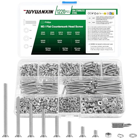 1220 Pcs M3 Juego de Tornillos y Tuercas y Arandelas, Tornillería tornillos avellanados, tornillo avellanados de cabeza cruzada de cabeza plana acero inoxidable con arandelas planas y de seguridad
